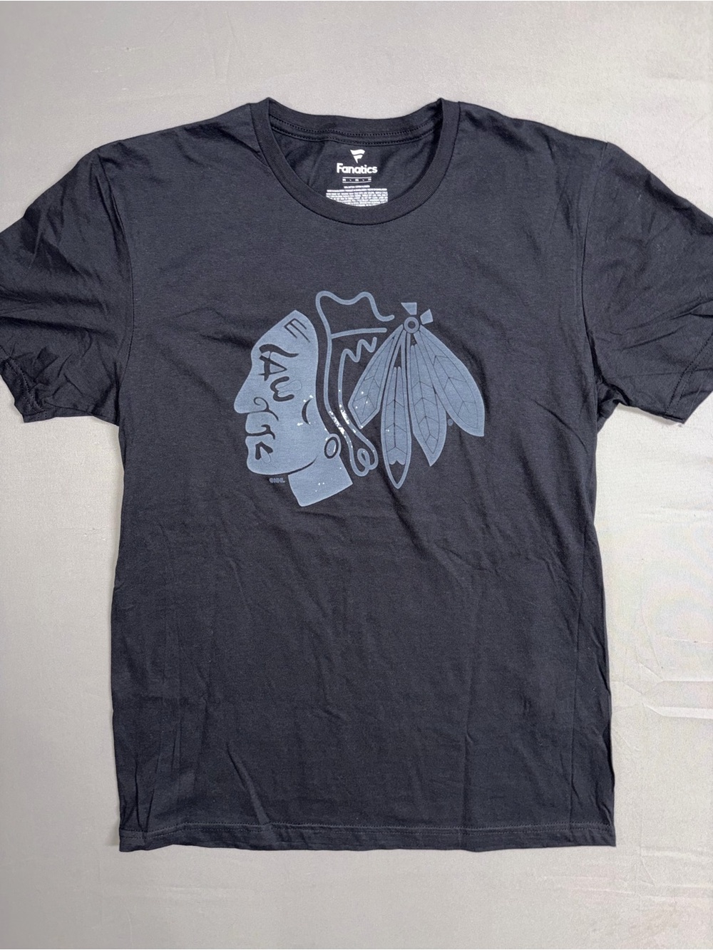 Fanatics Blackhawks Black Graphic Tee with Light Blue Logo
